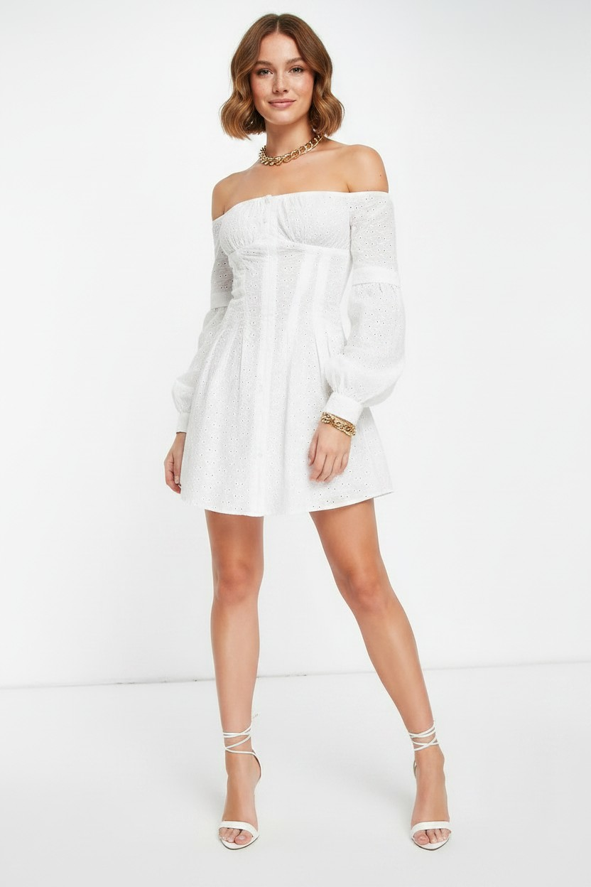 Femme Luxe Womens Off Shoulder Embroidered Cotton Shirt Mini Dress In White
