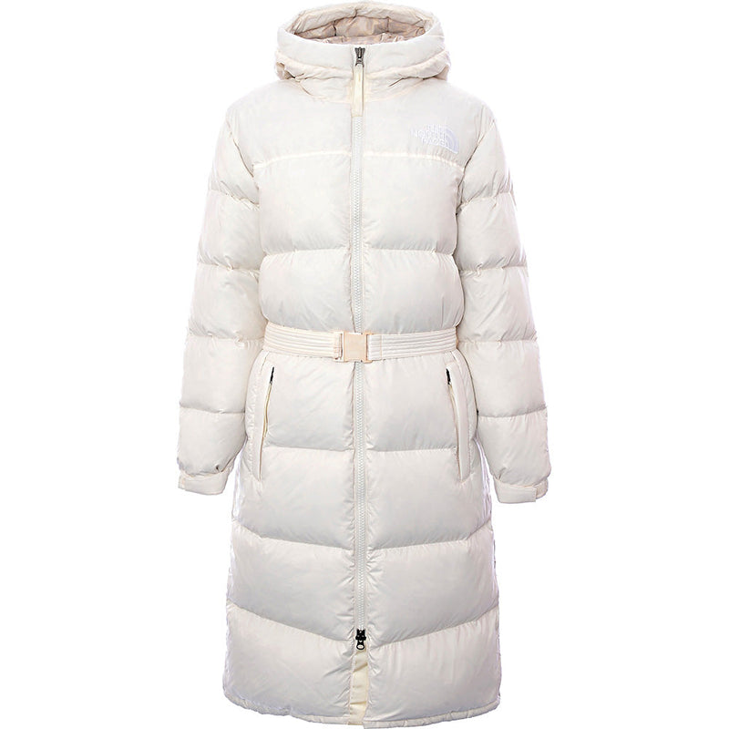 The North Face Women's White Nuptse Belted Long Puffer Jacket
