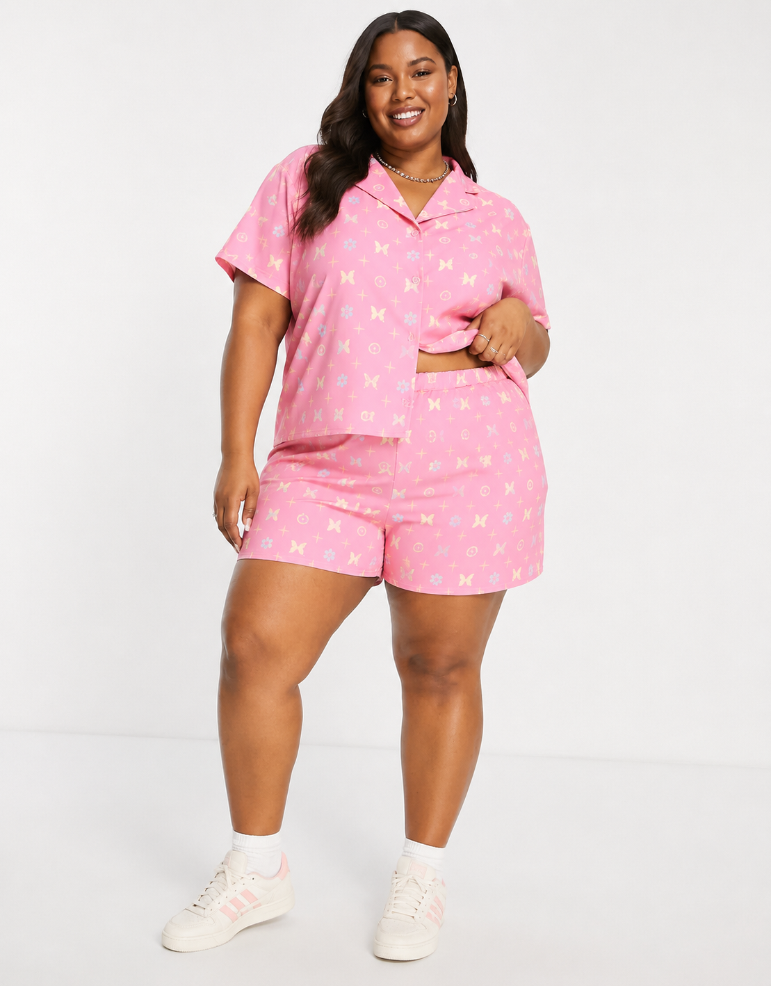 New Girl Order Curve Womens Oversized Boxy Shirt in Pink Monogram Print