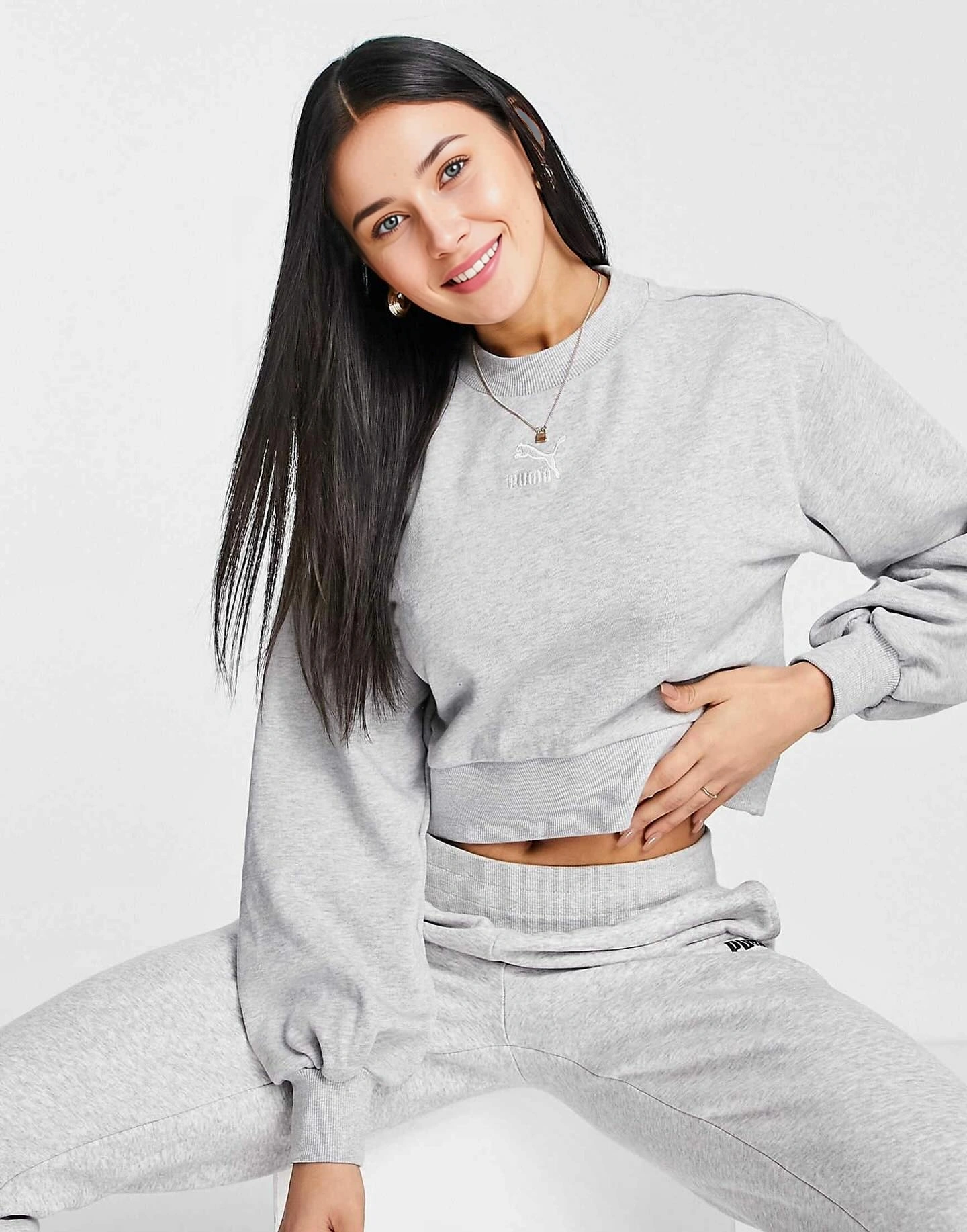 Womens Puma Classics Balloon Sleeve Sweatshirt in Light Grey