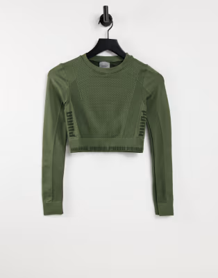 Womens Puma Training Evoknit Seamless Long Sleeve Crop Top In Dark Green