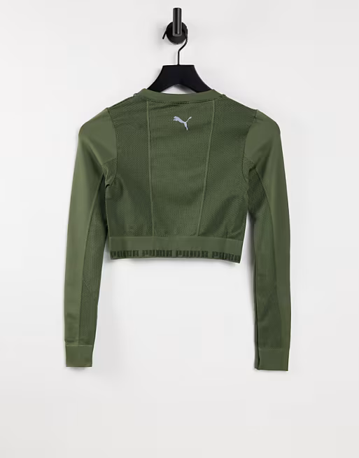Womens Puma Training Evoknit Seamless Long Sleeve Crop Top In Dark Green