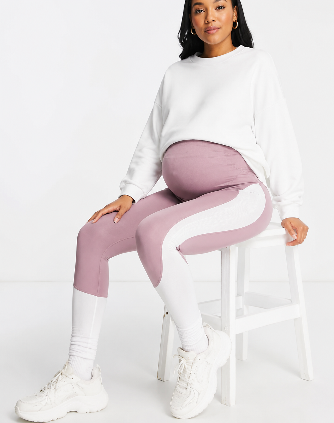 Love & Other Things Maternity Womens Gym Leggings in Mauve & White