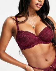 Ivory Rose Lingerie Womens Fuller Bust Lace Balconette Wired Non-Padded Bra in Bordeaux In Red