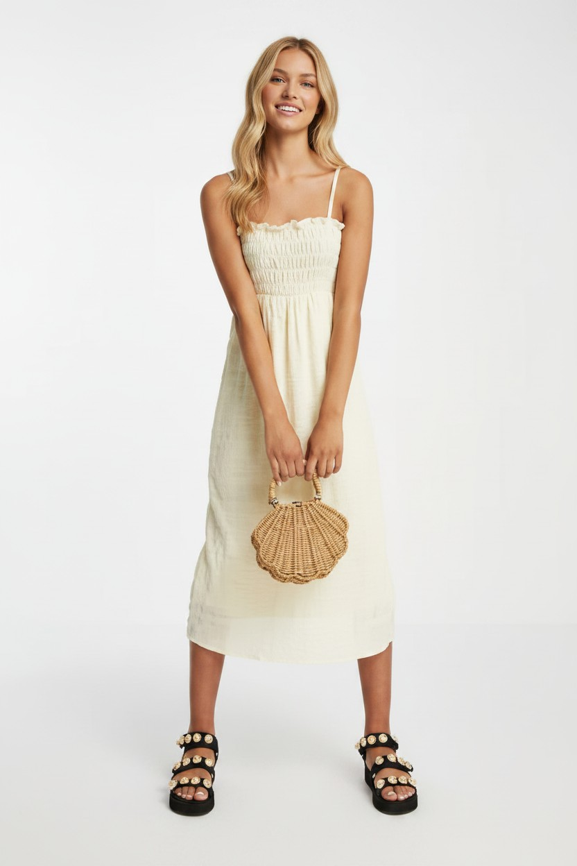 Monki Womens Unni Seersucker Cami Midi Dress With Tie Back In Yellow