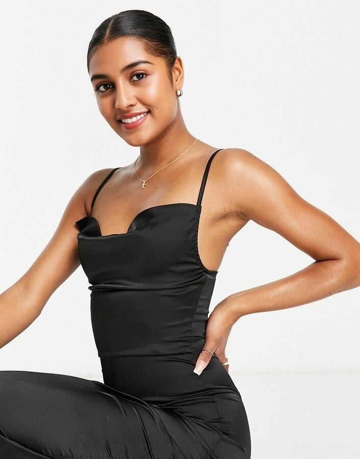 Womens Parisian Petite Satin Cami Strap Mini Dress With Cowl Neck In Black