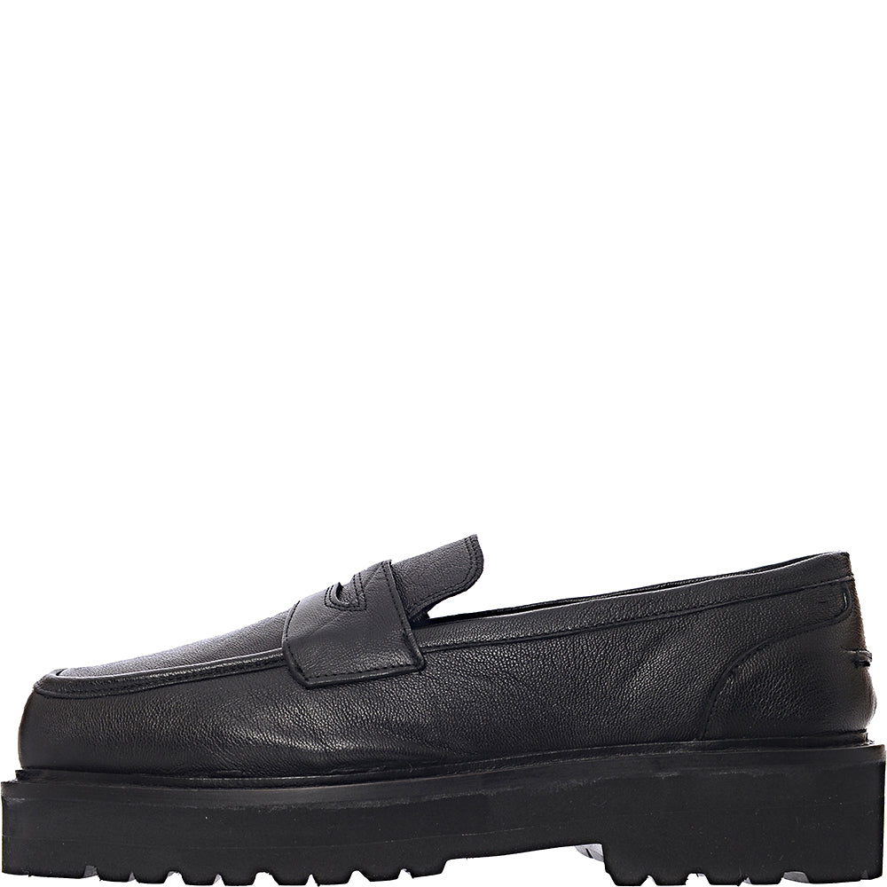 ASRA Mens Square Toe Chunky Loafers in Black Leather