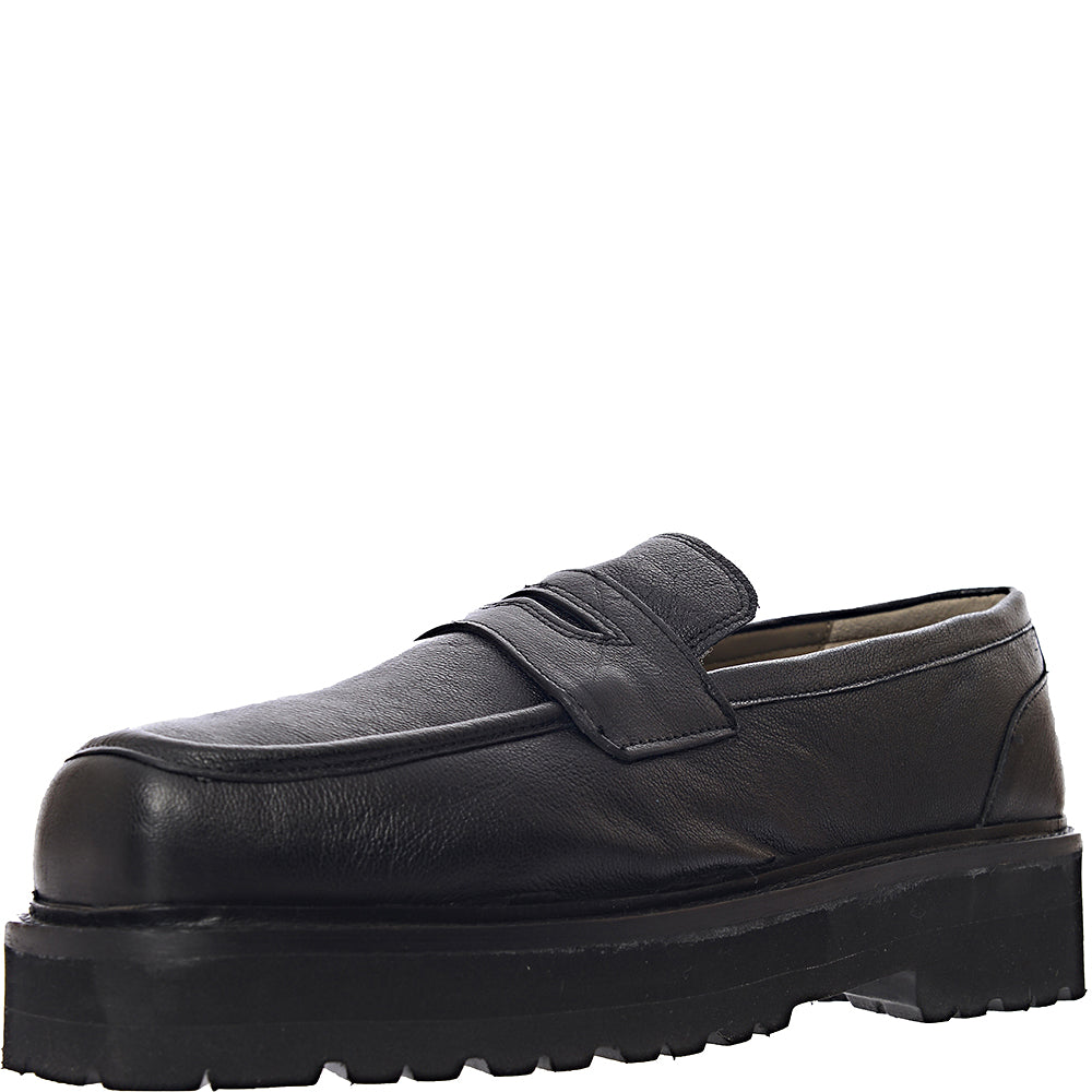 ASRA Mens Square Toe Chunky Loafers in Black Leather