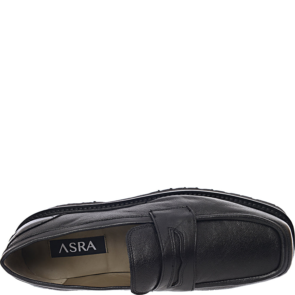 ASRA Mens Square Toe Chunky Loafers in Black Leather