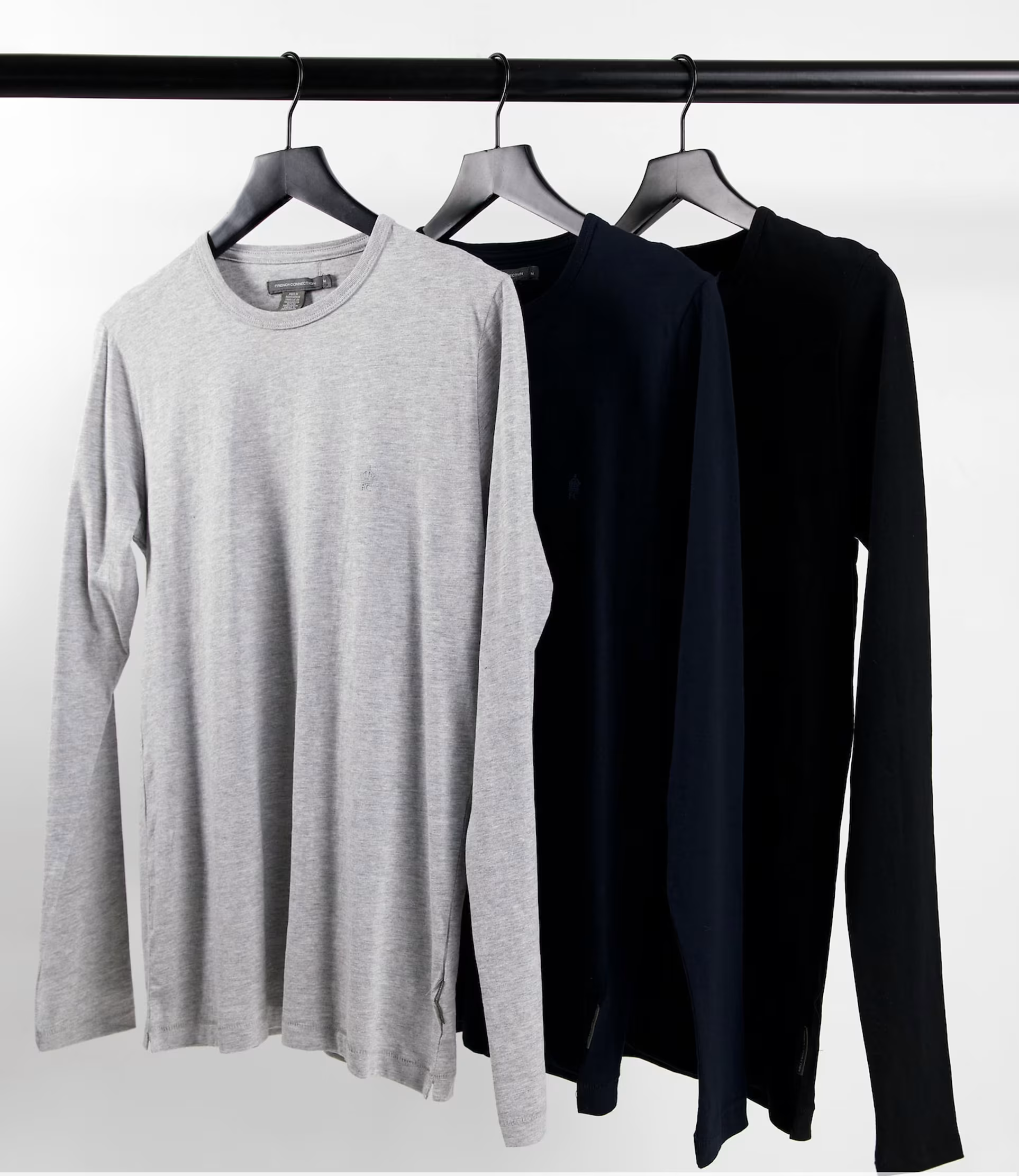Mens French Connection Tall 3 Pack Long Sleeve T-Shirt in Black