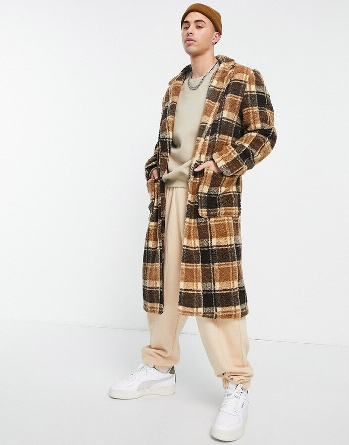 Another Influence Mens Longline Coat In Brown Check