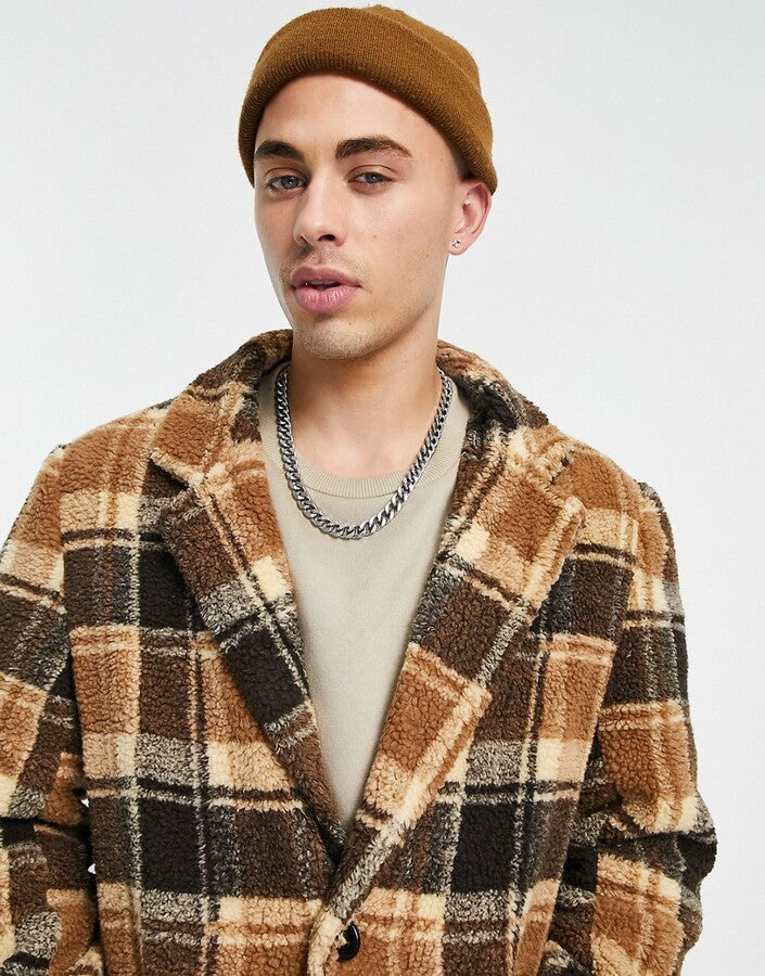 Another Influence Mens Longline Coat In Brown Check