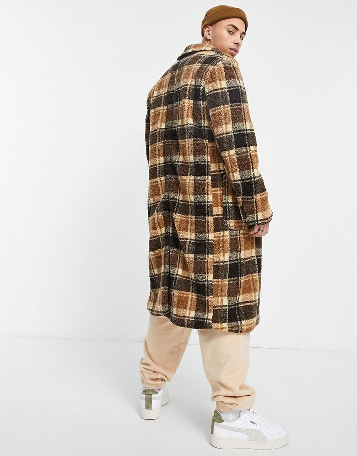 Another Influence Mens Longline Coat In Brown Check