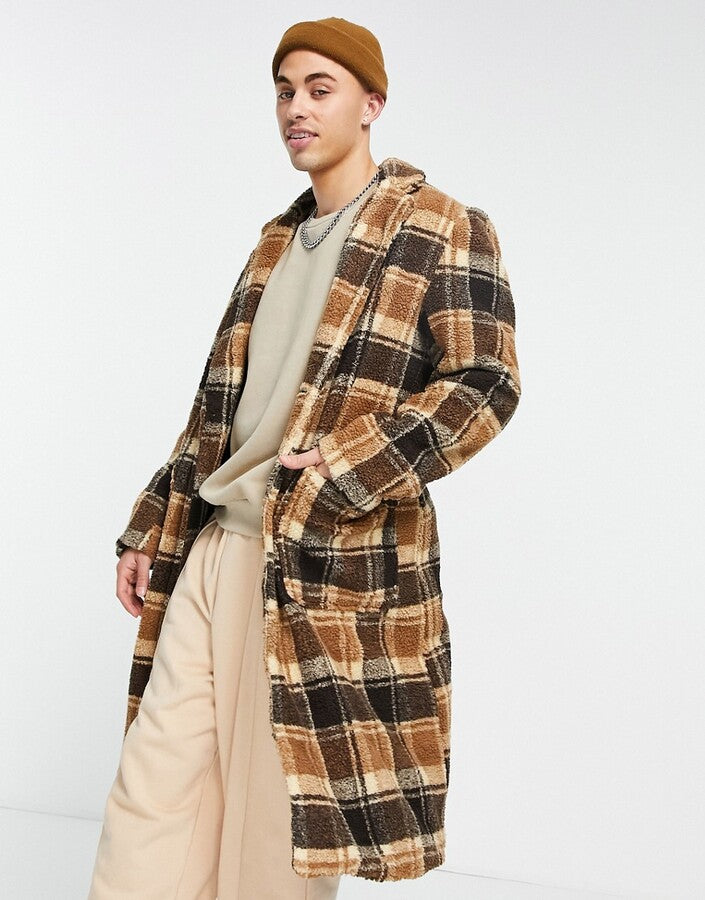 Another Influence Mens Longline Coat In Brown Check