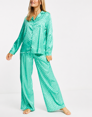 Loungeable Womens Satin Jacquard Spot Pyjama Set in Teal