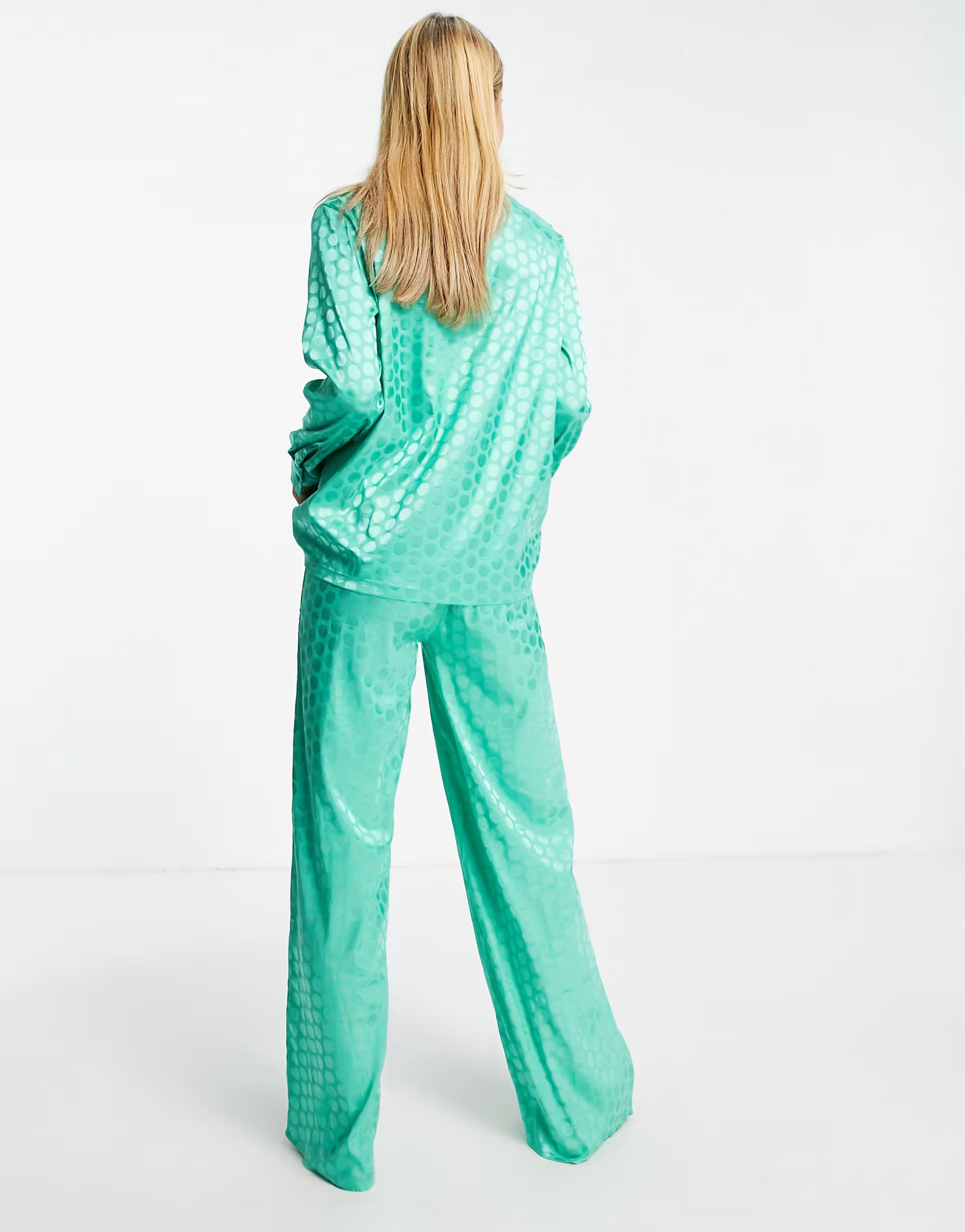 Loungeable Womens Satin Jacquard Spot Pyjama Set in Teal