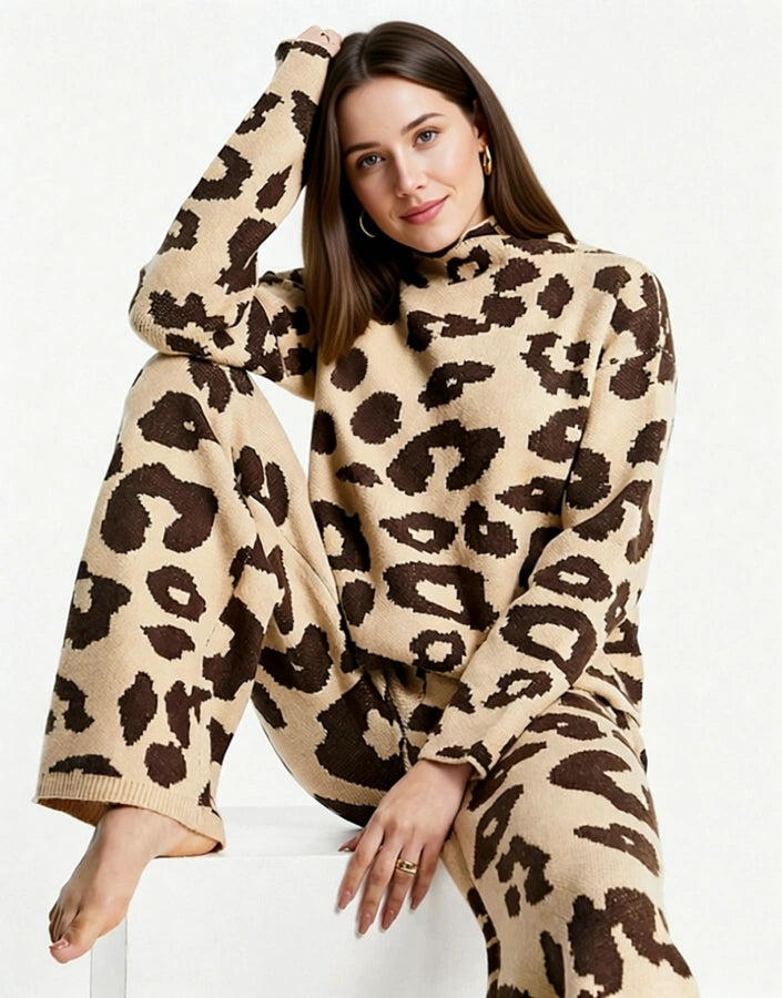Loungeable Womens Loungable Roll Neck Knitted Jumper In Leopard Print