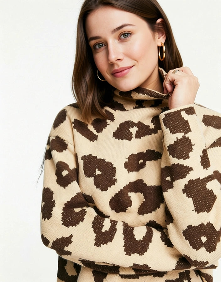 Loungeable Womens Loungable Roll Neck Knitted Jumper In Leopard Print