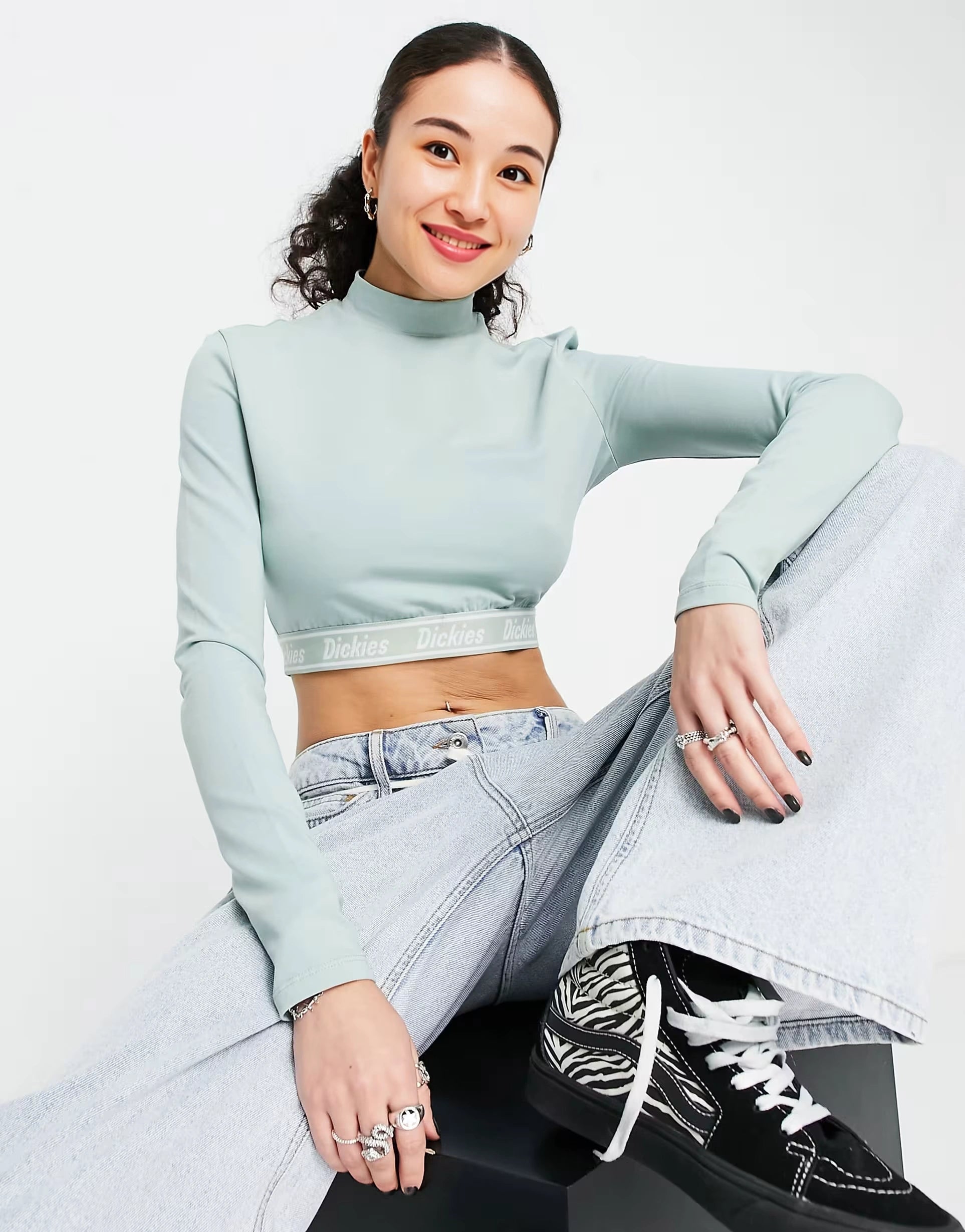 Womens Dickies Petersburg Cropped Long Sleeve T-Shirt in Jade Green