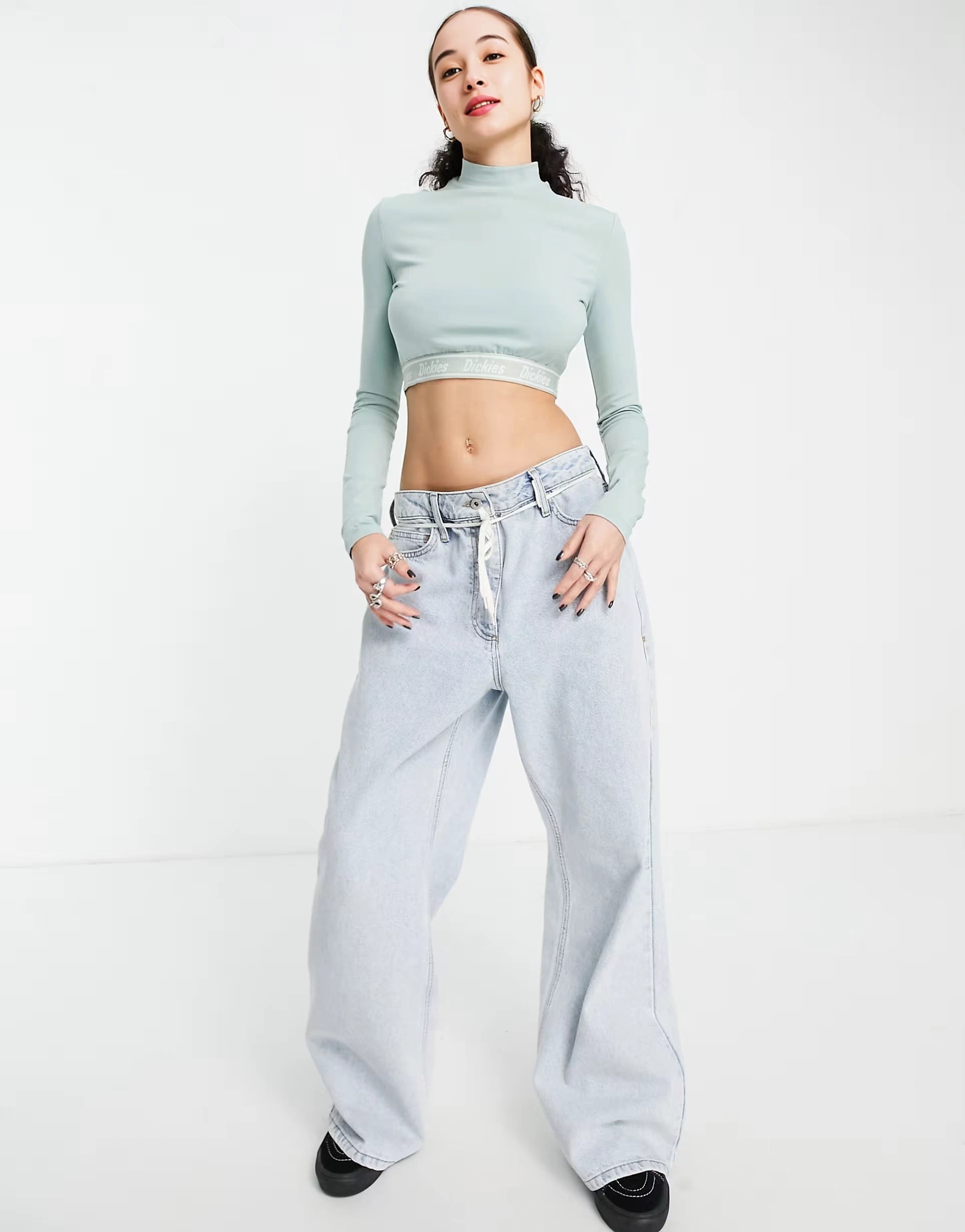 Womens Dickies Petersburg Cropped Long Sleeve T-Shirt in Jade Green