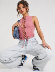 Missguided Womens Contrast Stitch Lace Up Crop In Pink