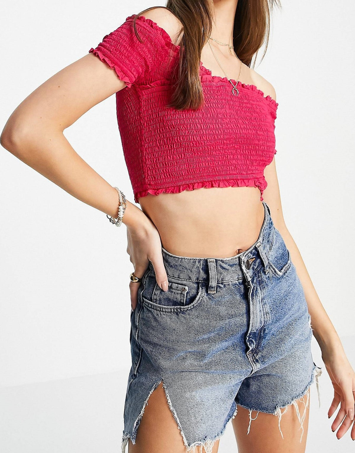 French Connection Shirred Off Shoulder Crop Top In Pink