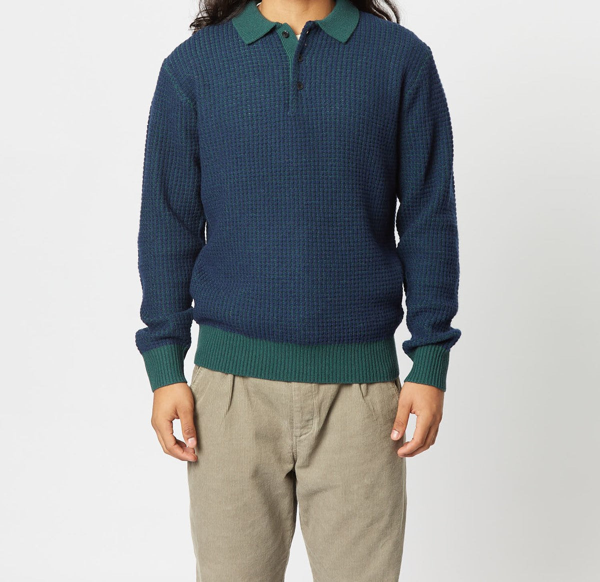 Beams Men's Green Knit Crochet Polo