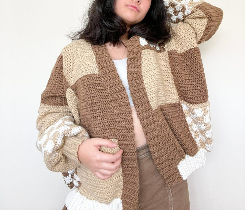 Womens Beams Patchwork Cardi In Brown