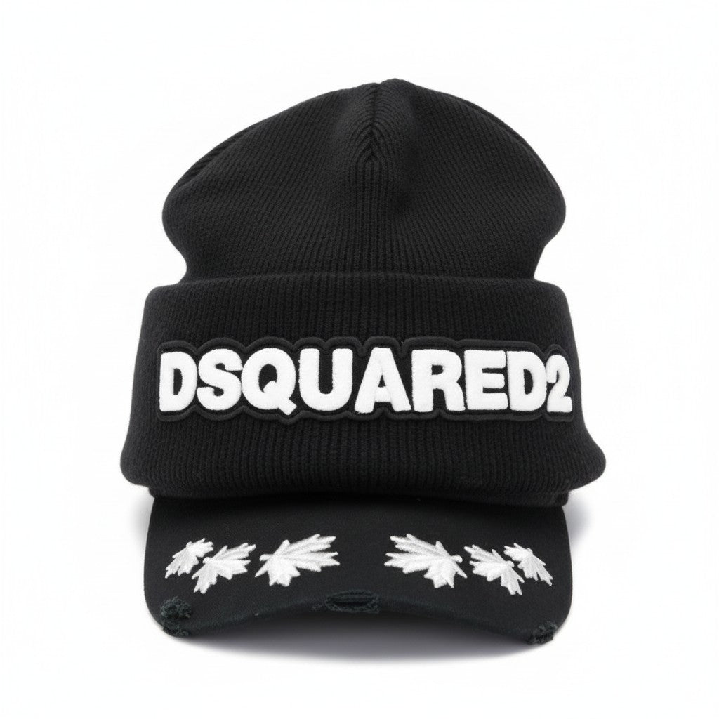 Dsquared2 Mens Black Beanie with Maple Leaf Visor