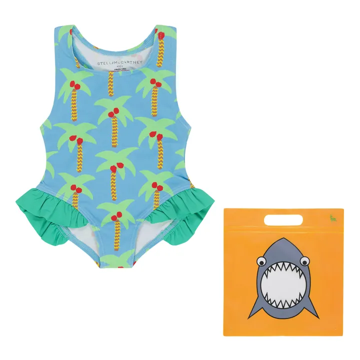 Stella McCartney Girls Palm Trees Swimsuit with Frills in Blue