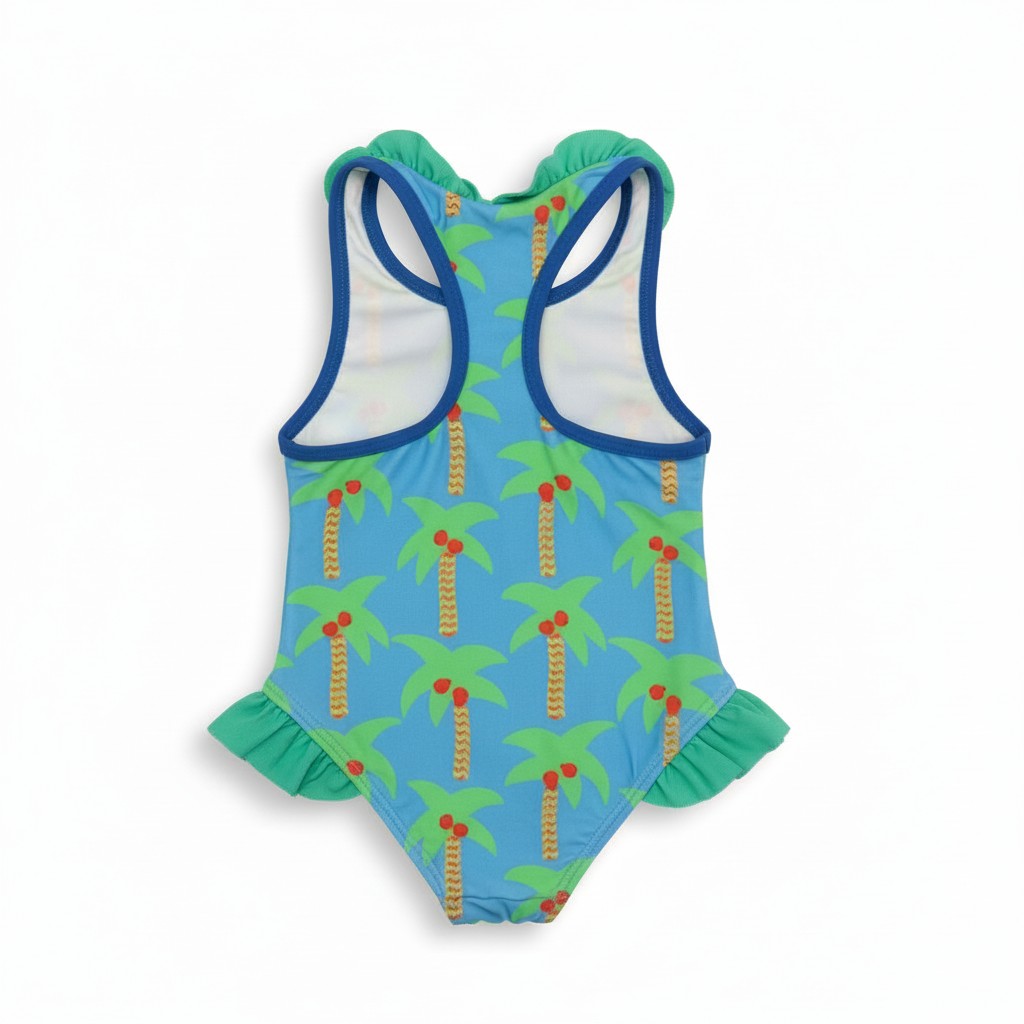 Stella McCartney Girls Palm Trees Swimsuit with Frills in Blue