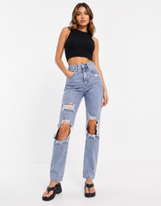 In The Style Womens X Olivia Bowen Distressed Straight Leg Jean in Washed Blue