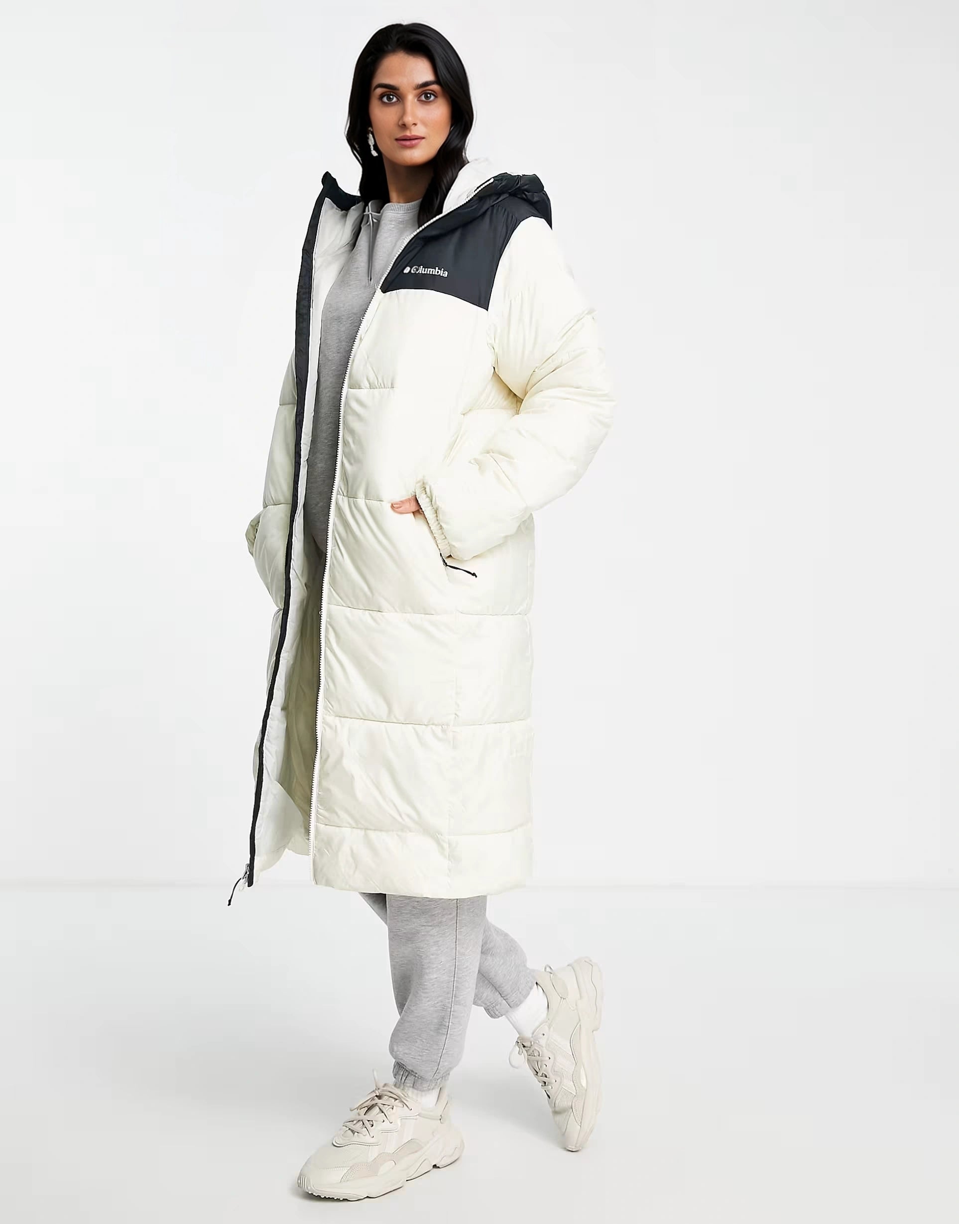 Womens Columbia Puffect Long Line Puffer Coat In Beige/Black