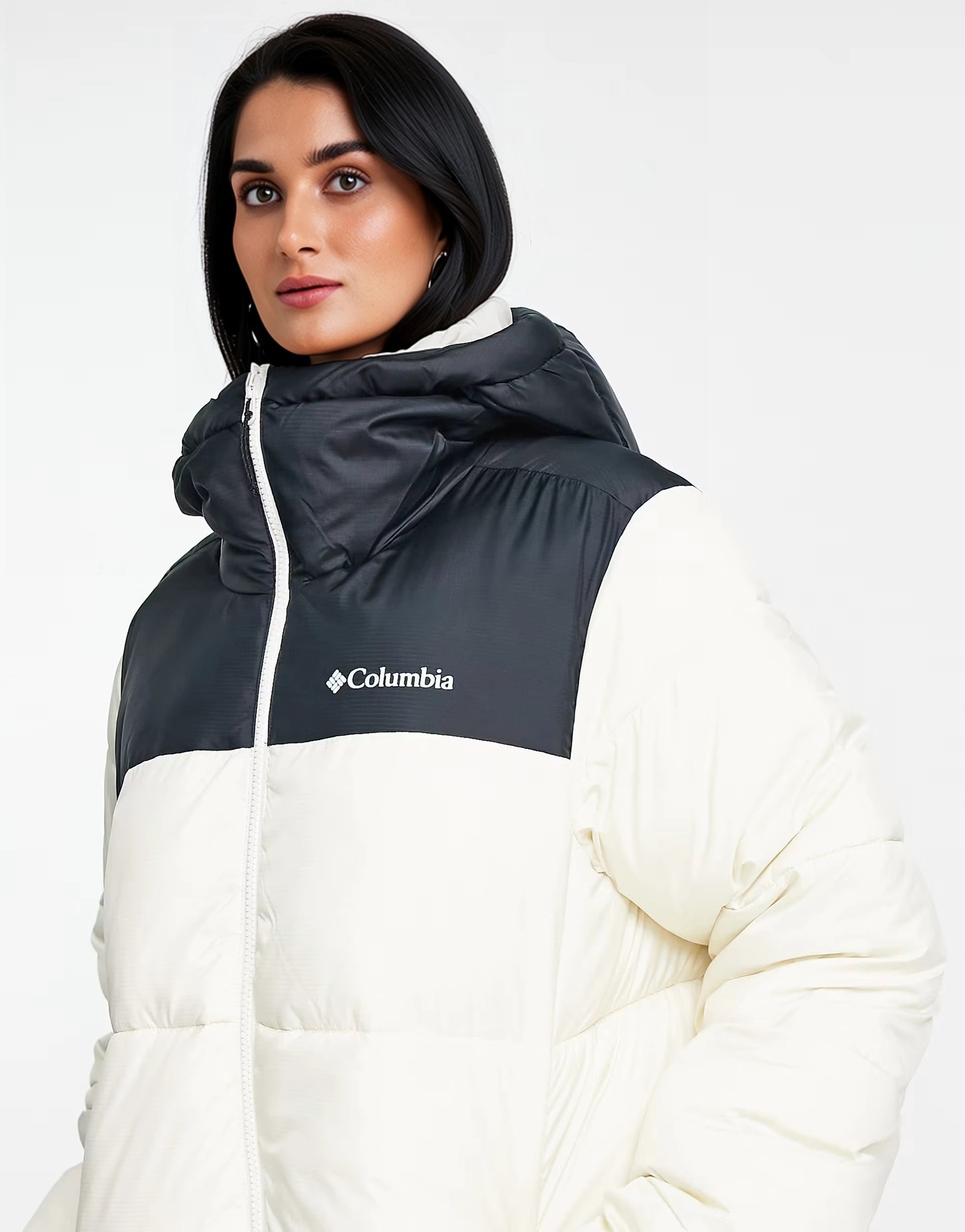 Womens Columbia Puffect Long Line Puffer Coat In Beige/Black