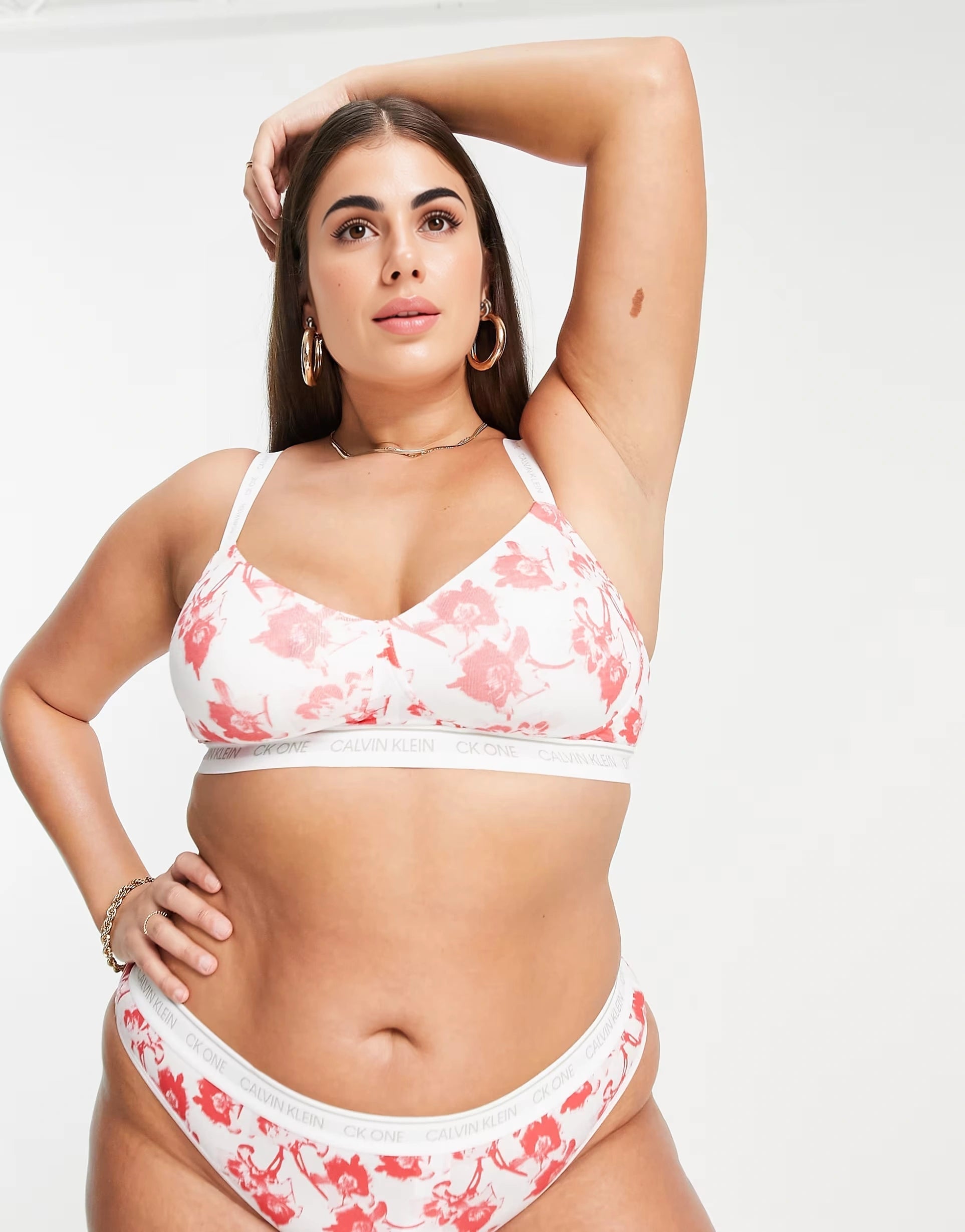 Calvin Klein Plus Size CK One Logo Lightly Lined Bralette in Pink Floral Print
