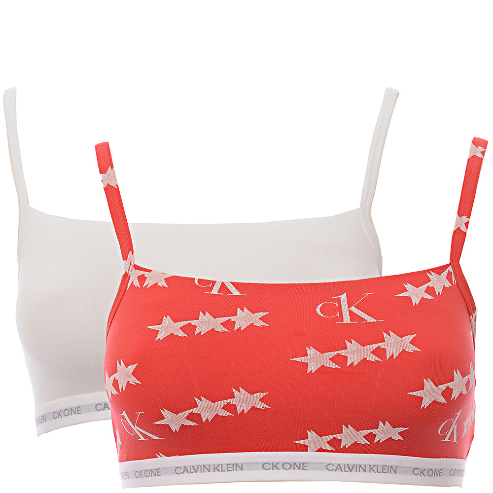 Calvin Klein CK One Cotton 2 pack unlined logo bralettes in white red star print