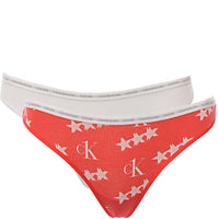 Calvin Klein Womens CK One Cotton 2 Pack Logo Thongs in White Red Star Print