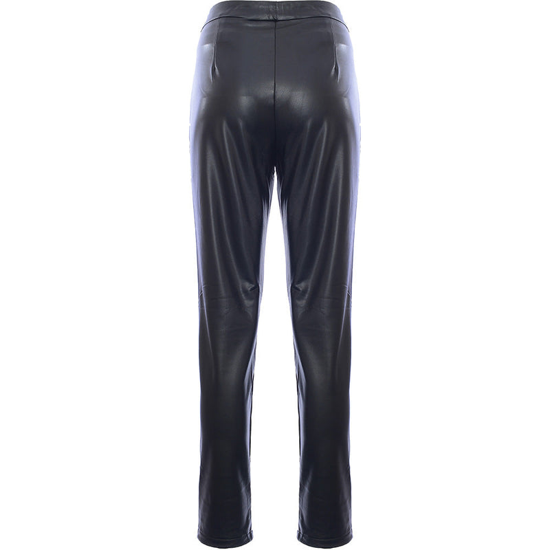 Femme Luxe Women's Black Leather Look Skinny Trousers with Lace Up