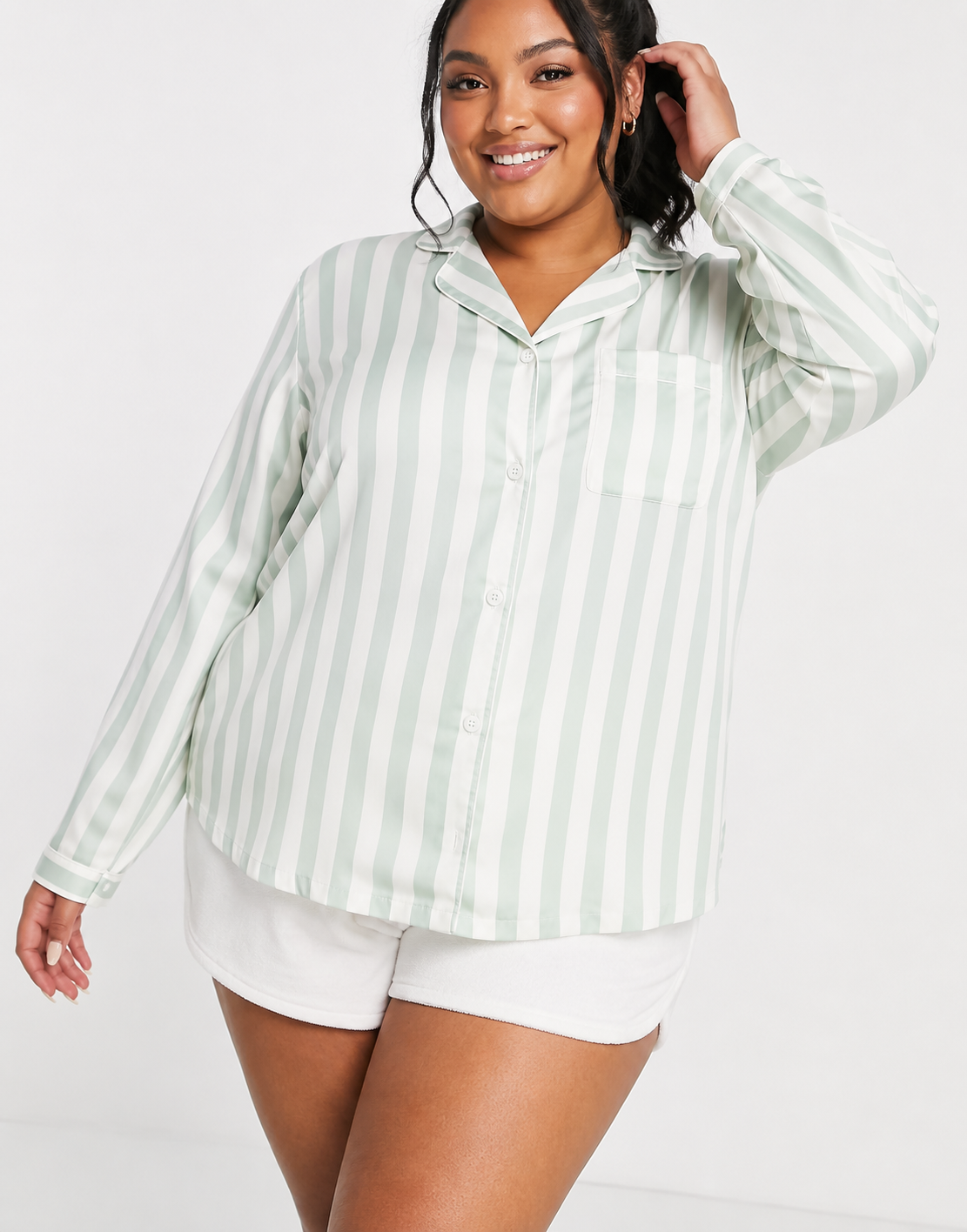 Loungeable Womens Plus Satin Pyjama Shirt in Green & Cream Stripe