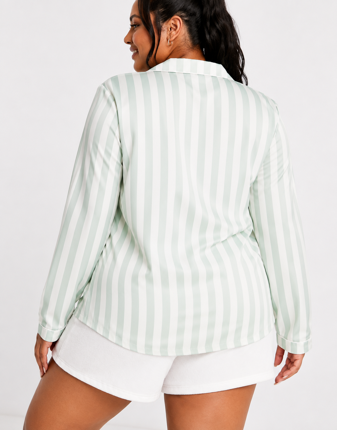 Loungeable Womens Plus Satin Pyjama Shirt in Green & Cream Stripe
