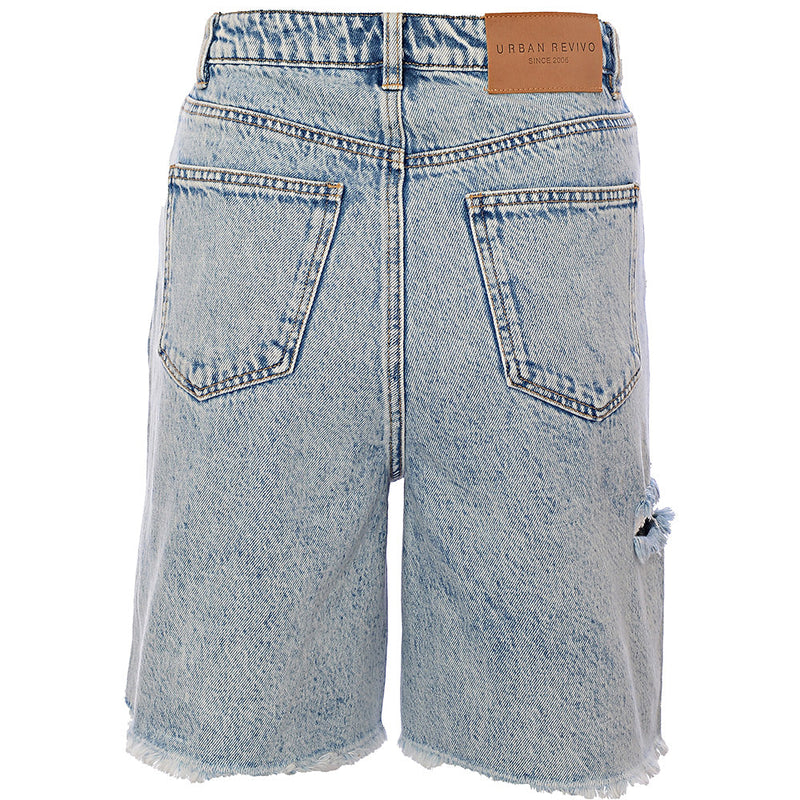 Urban Revivo Women's Denim Shorts with Rips in Light Wash