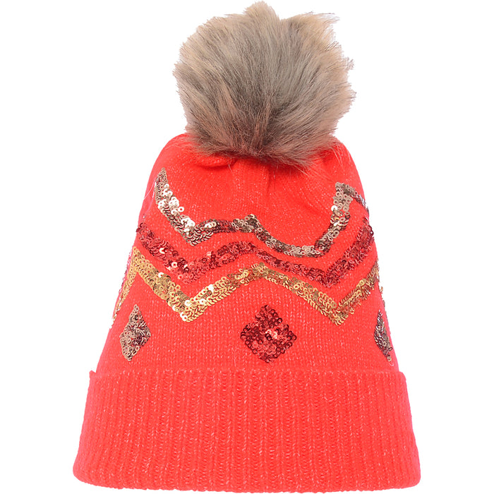 Boardmans Women's Red Christmas Faux Fur Pom With Sequin Detail Beanie