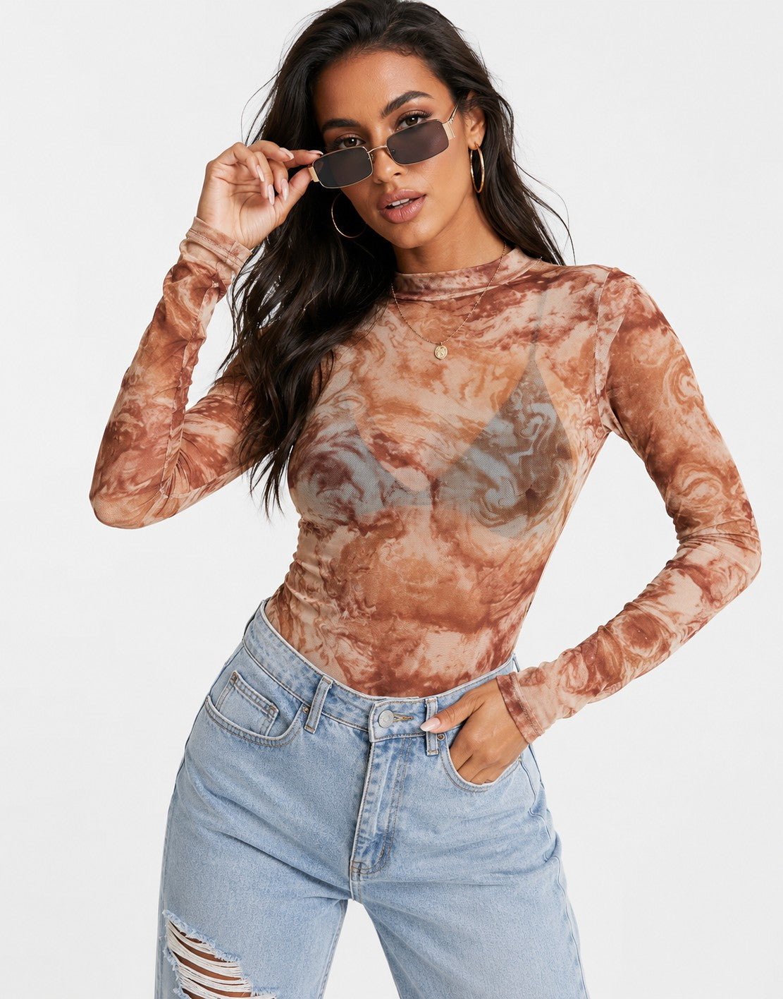 Missyempire Womens Long Sleeve Body in Brown Marble Print