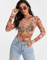 Missyempire Womens Long Sleeve Body in Brown Marble Print