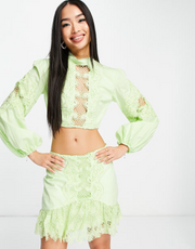 Love Triangle Womens High Neck Lace Crop Top Co-Ord With Balloon Sleeves In Leaf Green