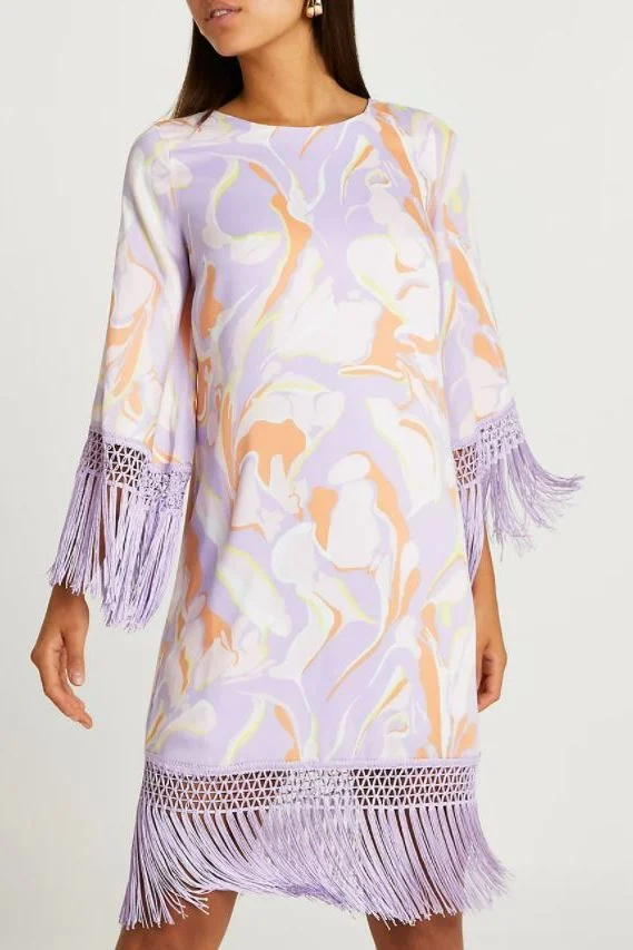 River Island Womens Printed Shift Dress With Fringing In Pink