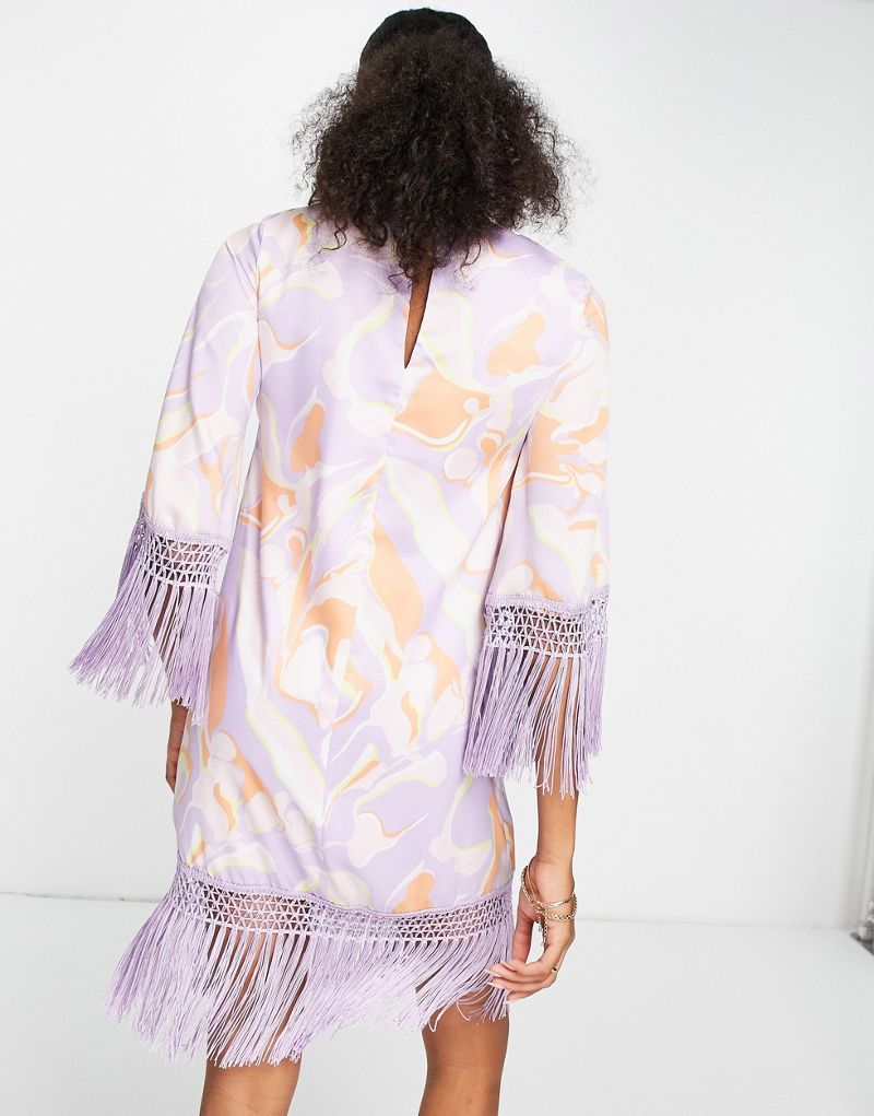 River Island Womens Printed Shift Dress With Fringing In Pink