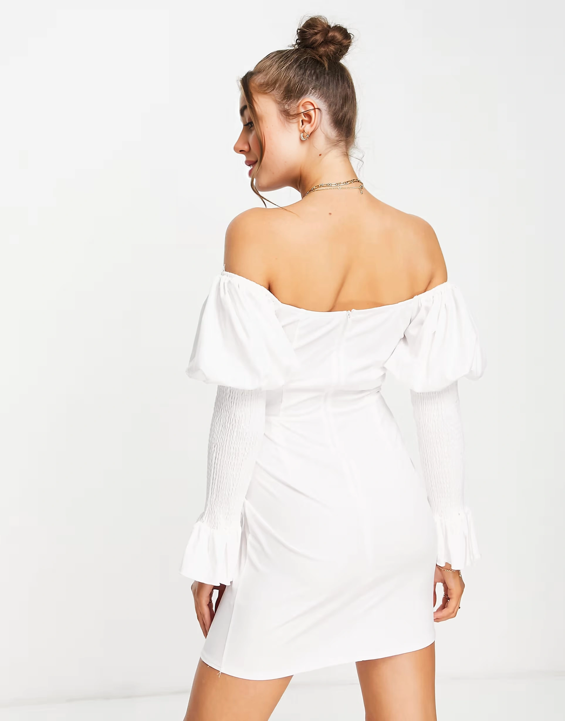 Outrageous Fortune Womens Off Shoulder Mini Dress With Puff Sleeves in Cream