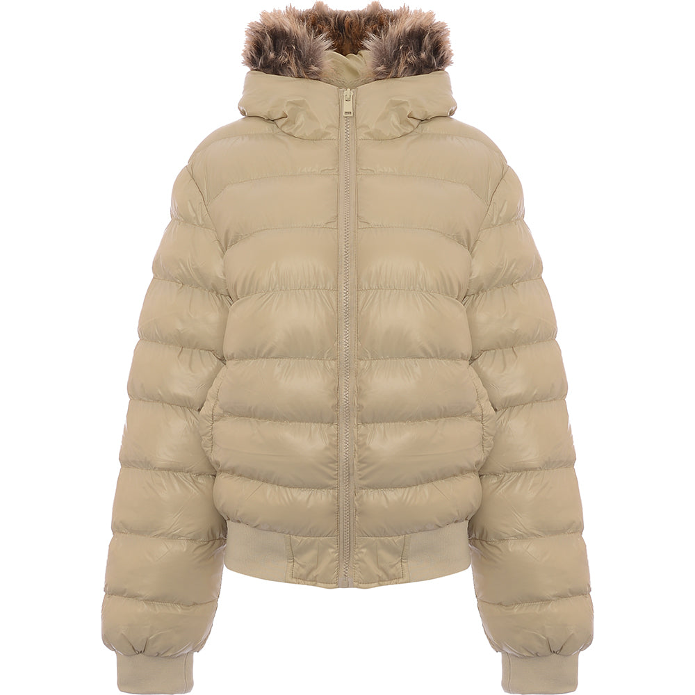 Brave Soul Womens River Puffer Coat with Faux Fur Trim Hood in Stone