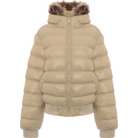 Brave Soul Womens River Puffer Coat with Faux Fur Trim Hood in Stone